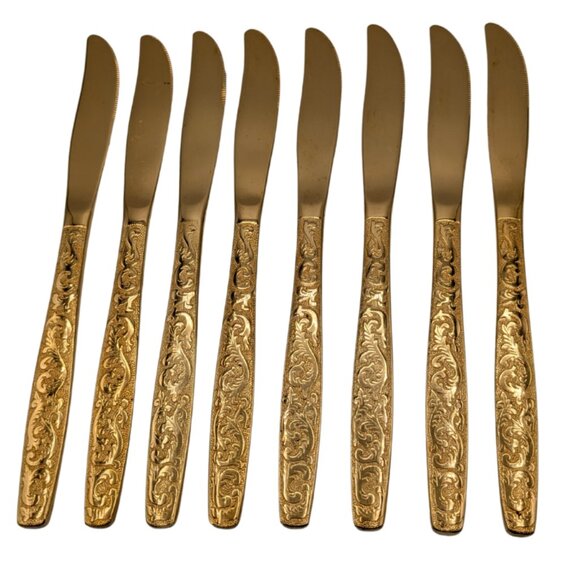 Americana Golden Heritage Flatware Golden Scroll 8 Dinner Knives 8" Vintage - Picture 1 of 9
